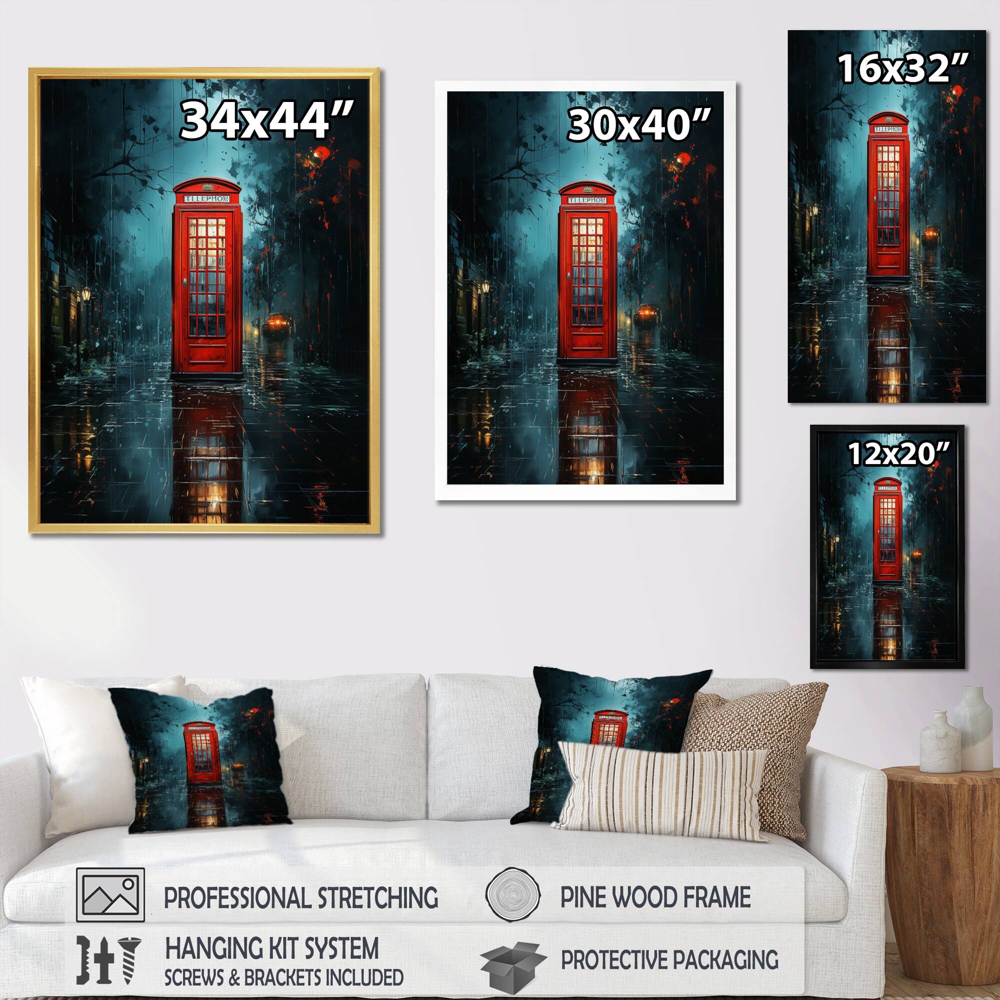 Designart "Red Telephone Booth City Symphony" Telephone Booth Framed Canvas Wall Art Bed Bath